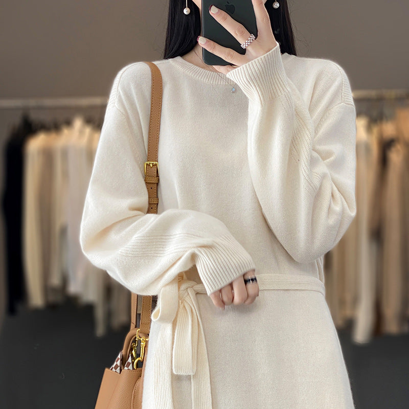 Pure Color Tied Round Neck Woolen Skirt Women