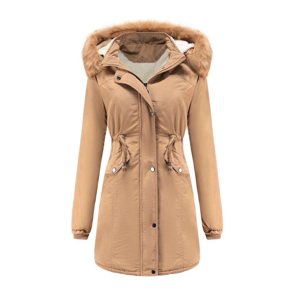 Women's Cotton Plus Velvet Detachable Hat Big Fur Collar Coat