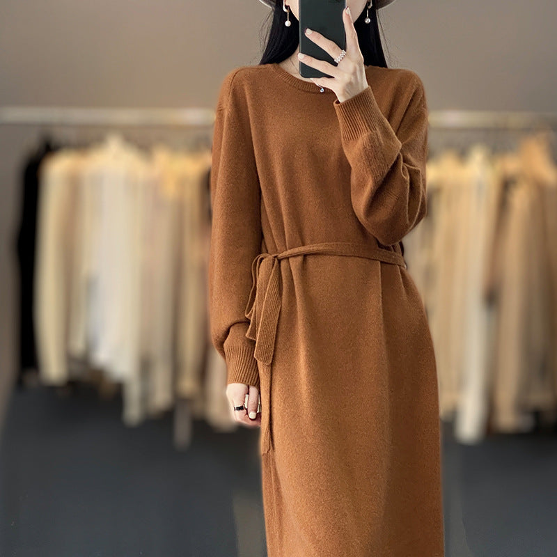 Pure Color Tied Round Neck Woolen Skirt Women