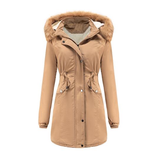 Women's Cotton Plus Velvet Detachable Hat Big Fur Collar Coat